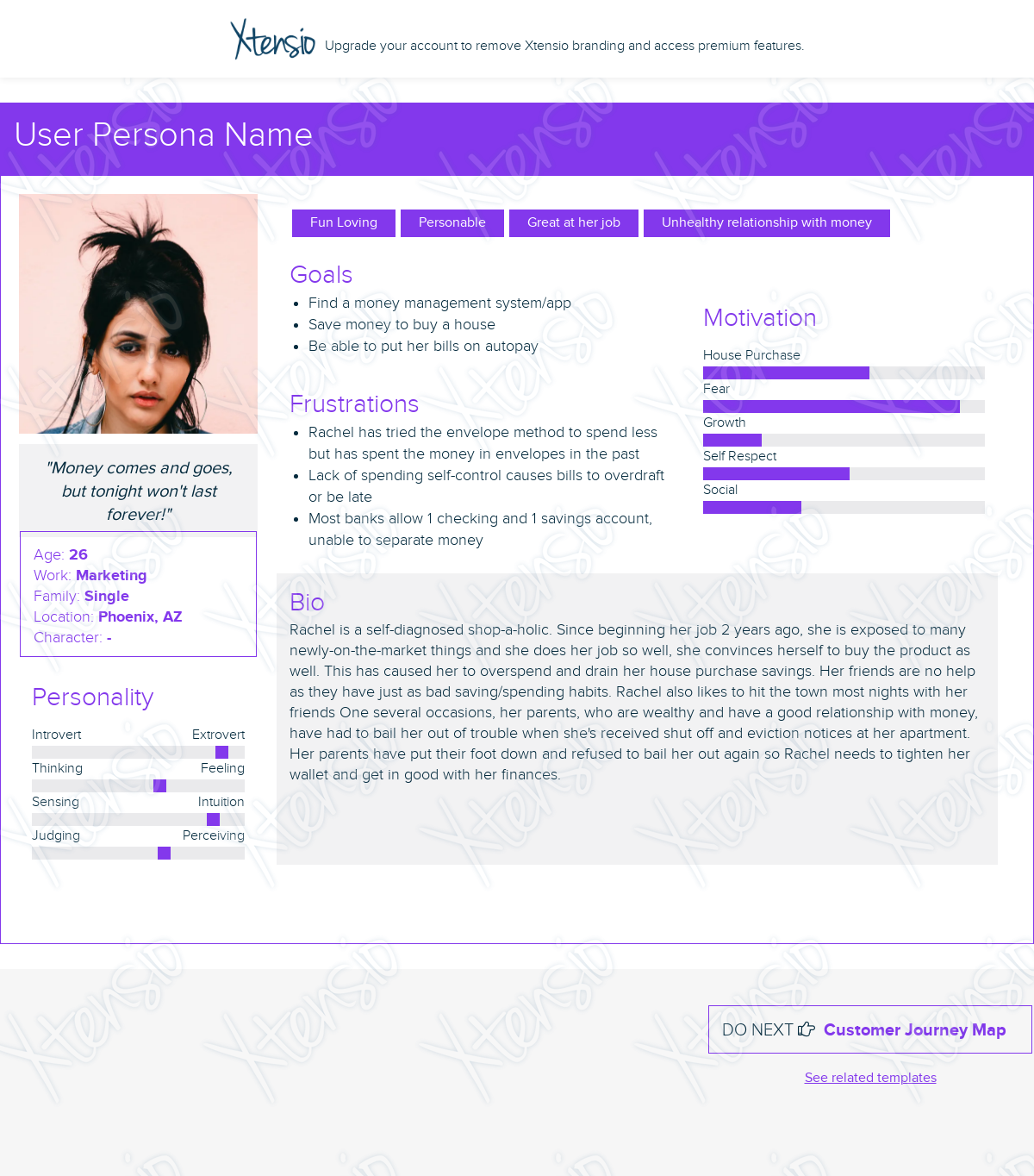 User persona profile featuring a young woman with dark hair, summary of her goals, frustrations, motivation, personality traits, and bio about her financial habits and challenges.