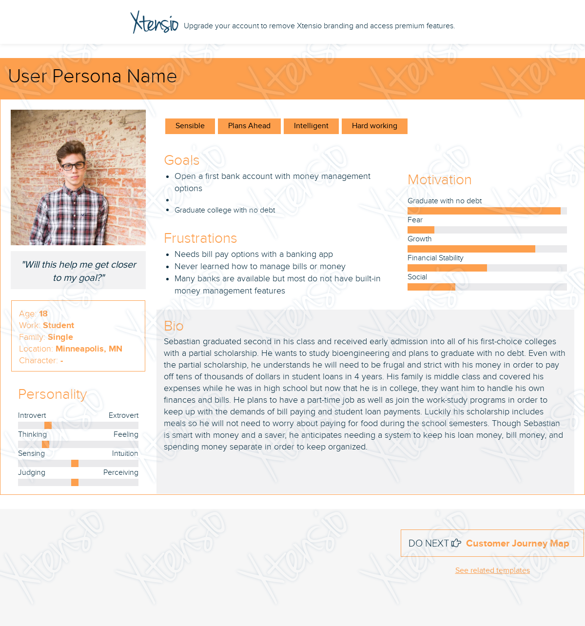 User persona profile showing a young man with glasses and brown hair against a brick wall, with sections for goals, frustrations, motivation, bio, and personality traits emphasizing financial management and student life.