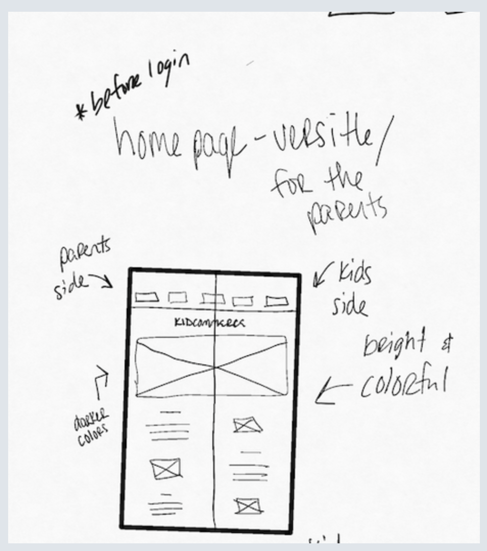 Hand-drawn wireframe sketch of a homepage divided into two sides: parents side with darker colors and kids side with bright and colorful design, labeled as before login.