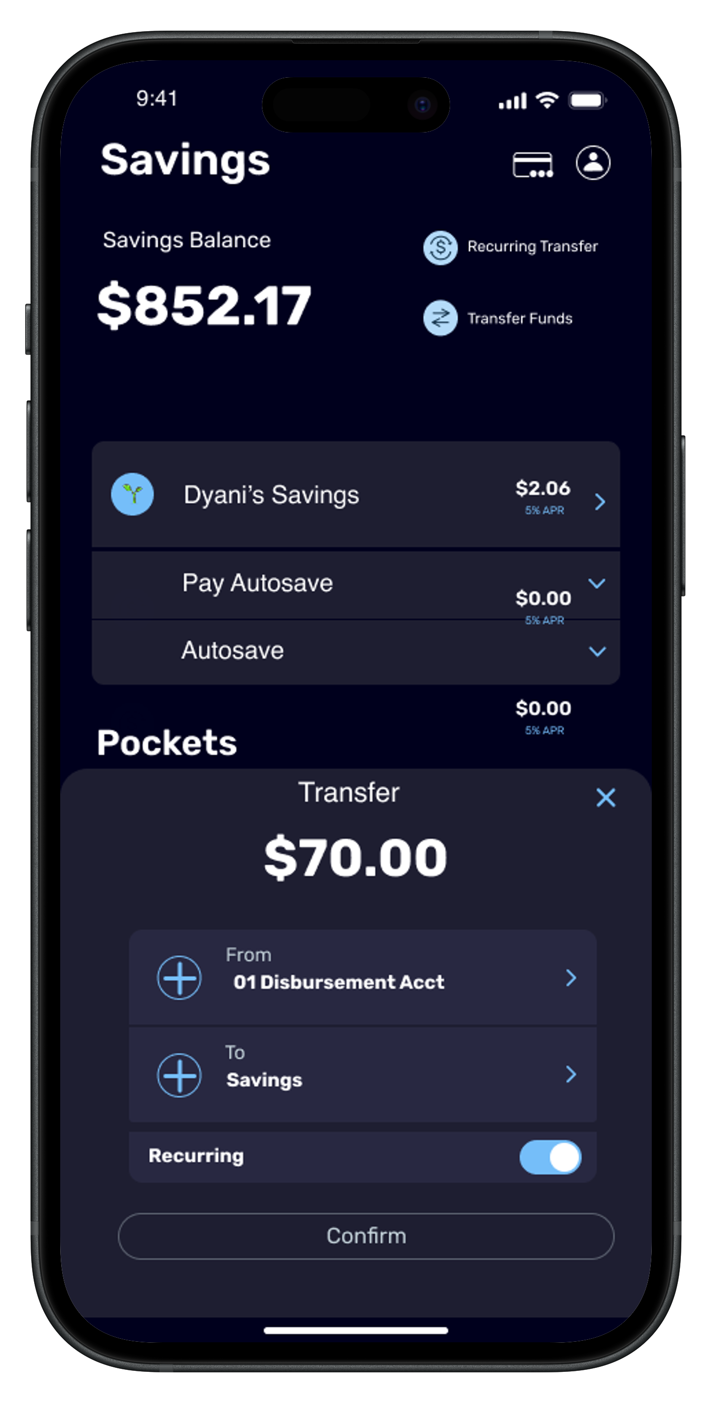 Mobile app screen showing a savings balance of $852.17 with sections for Dyani's Savings, Pay Autosave, Autosave, and categorized pockets for expenses including Disbursement Account, Car Insurance, Phone and Net, Credit Cards, and Electric PPL.