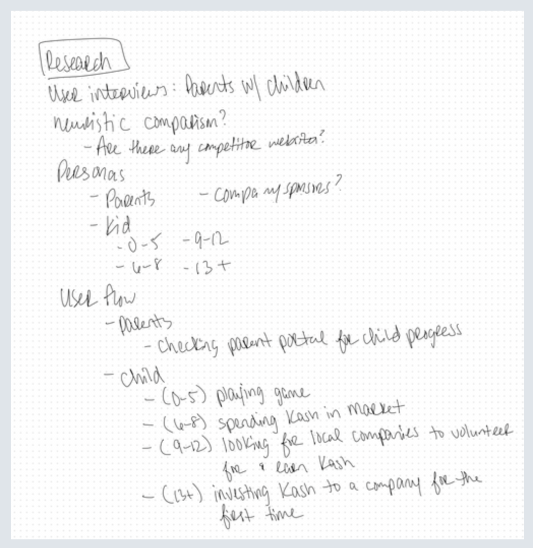 Handwritten research notes outlining user interviews with parents and children, heuristic comparison questions, personas by age groups, and user flow steps for parents and children.
