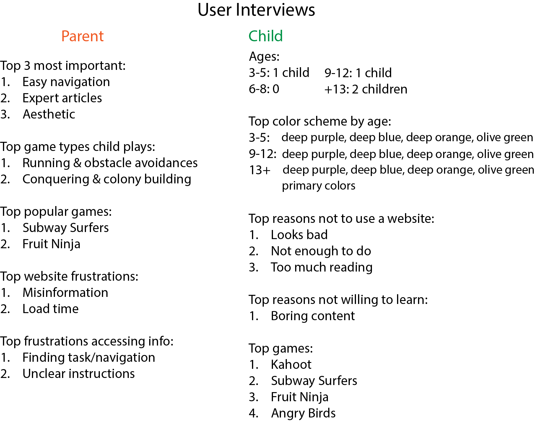 User interview summary comparing parents and children on website navigation, game preferences, frustrations, and color schemes by child age.